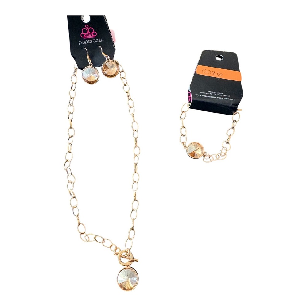 Paparazzi Gold Tone Peach Crystal Necklace Earrings Bracelet Jewelry Set NWT - Picture 1 of 2